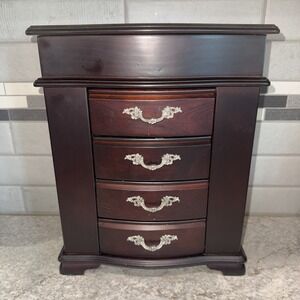 Vintage Mahogany Wood Jewelry Box Chest 4 Drawer Side Doors Mirror 13X10.5 In